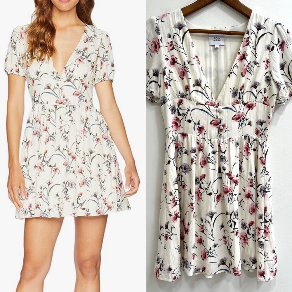 J.O.A. Women's Deep V Neck Floral Short Sleeve Fit and Flare Mini Dress Small